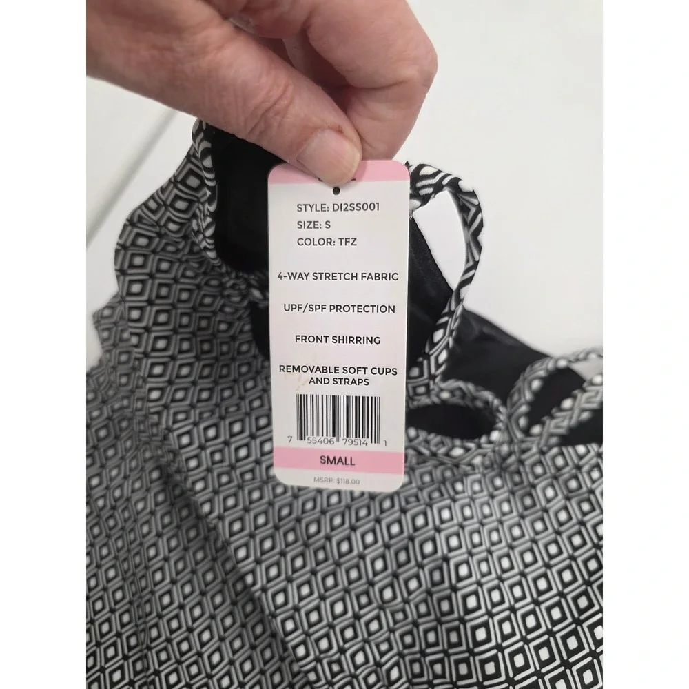 DKNY Womens Geometric Diamond Print One Piece Swimsuit Black White Small - Picture 8 of 10
